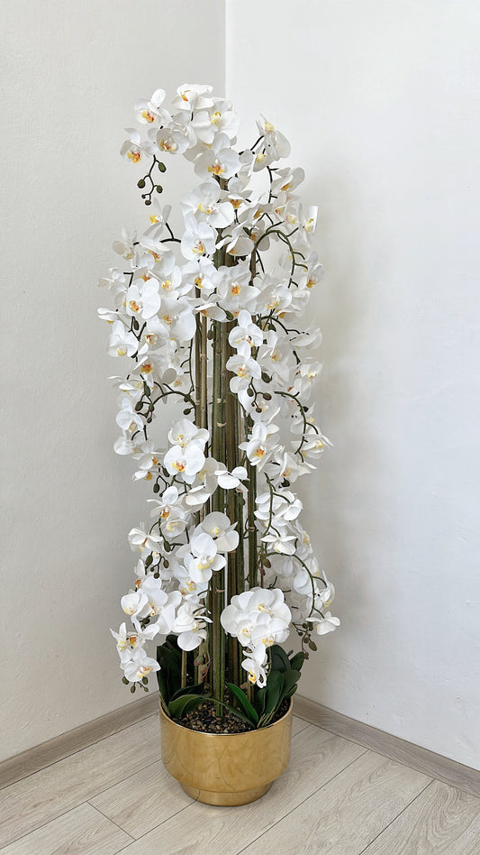 Luxusná umelá XXL 3D orchidea v zlatej keramickej nádobe 170 cm x 40 cm