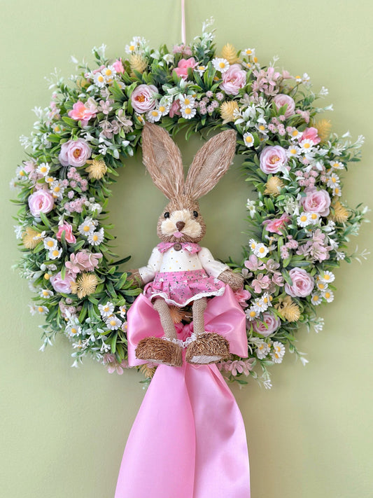 Jarný venček so zajačikom baby pink 53 cm